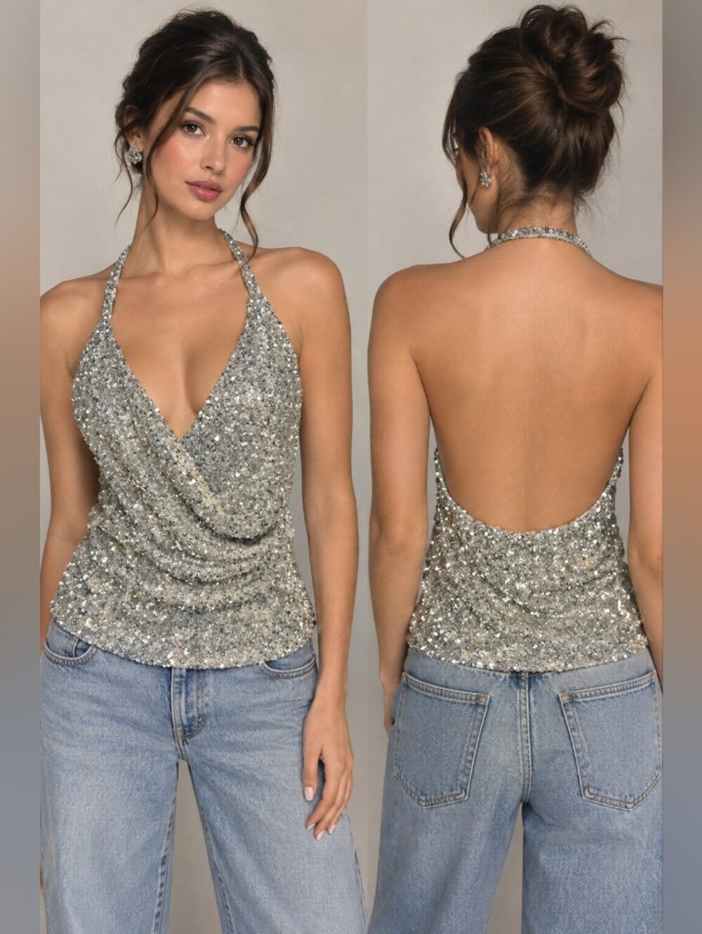 Zara Silver Sequin Halter Cowl Backless Camisole